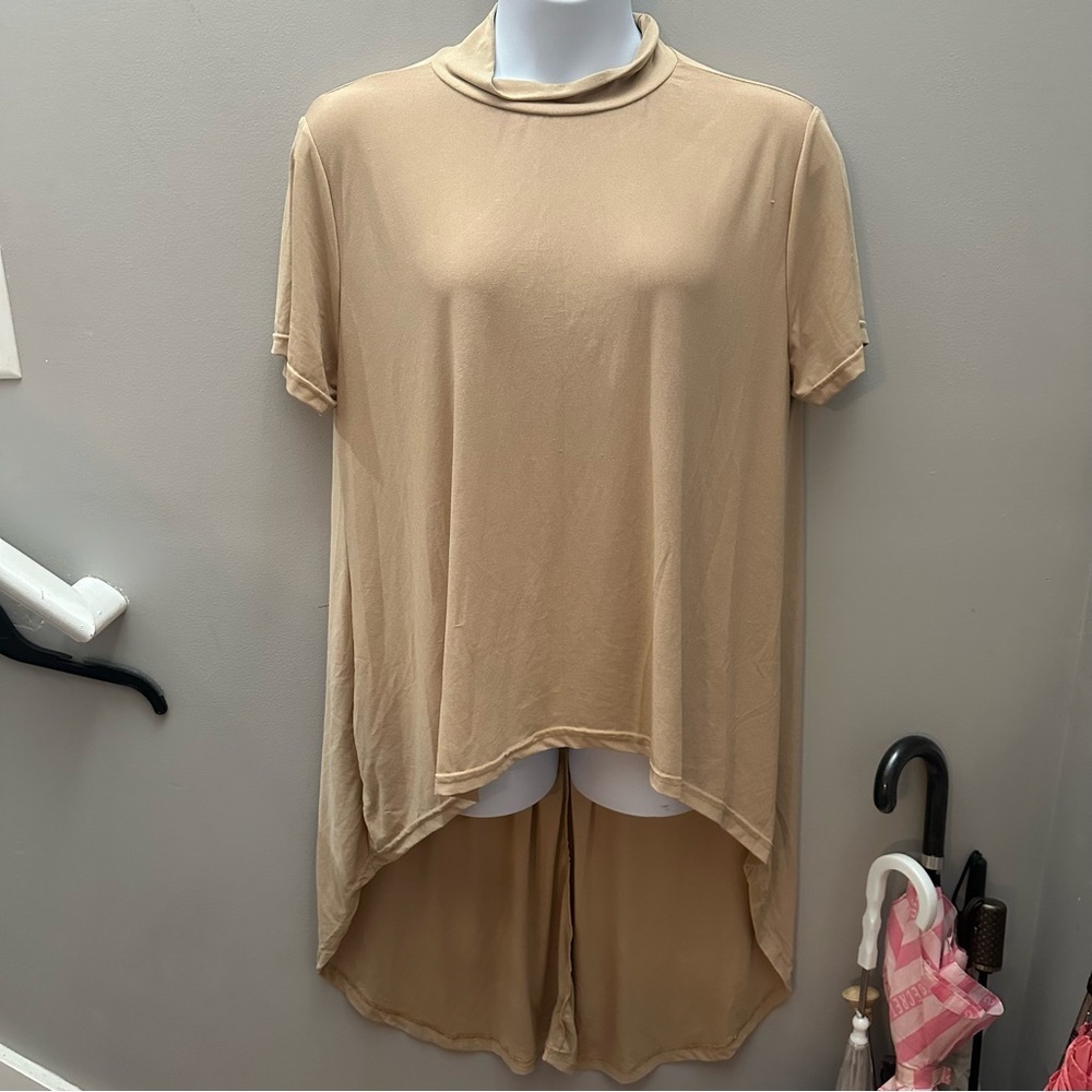 Elegant Tan Women's Dress Long Shirt Beige 4X NYC Cowl Neck Short Sleeve Spring